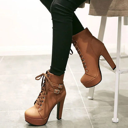 Chic Lace-Up Belt Buckle High Heel Boots