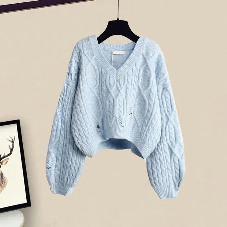 Vintage V-Neck Knit Sweater Flouncing Slip Dress Two Piece Set