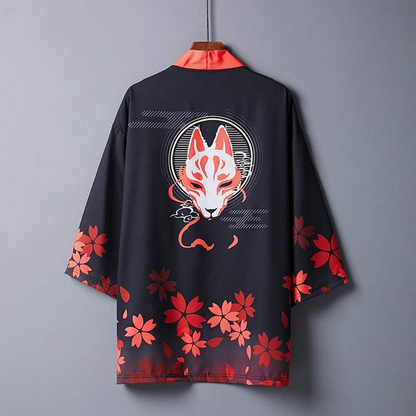 Vintage Sakura Fox Print Kimono Outerwear