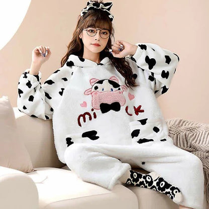 Cartoon Cow Letter Embroidery Pockets Plush Hooded Jumpsuit Pajamas
