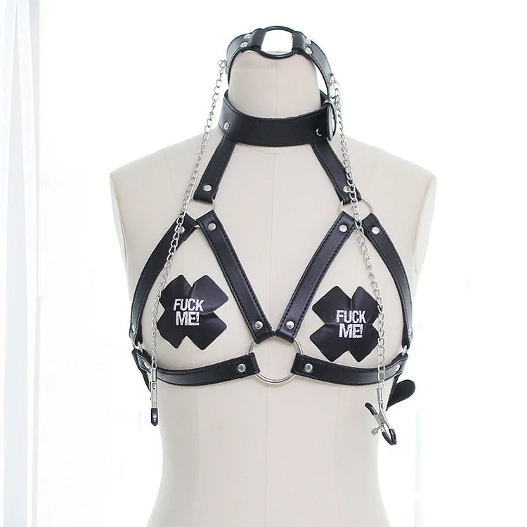 Hollow Out PU Lingerie With Nipple Clamps