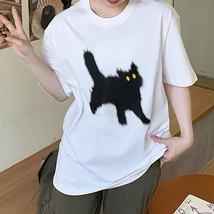 Cartoon Cat Print Round Neck Oversized T-Shirt
