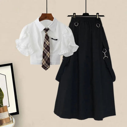 Pocket Lapel Tie Shirt Suspender Skirt Two Piece Set