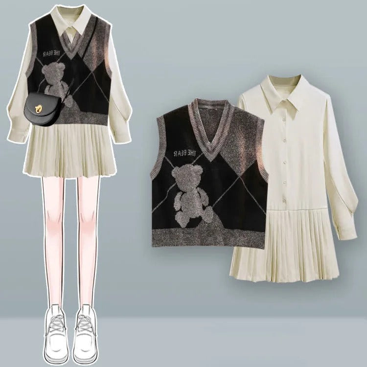 Preppy Lapel Pleated Shirt Dress Colorblock Bear Print Vest Two Piece Set