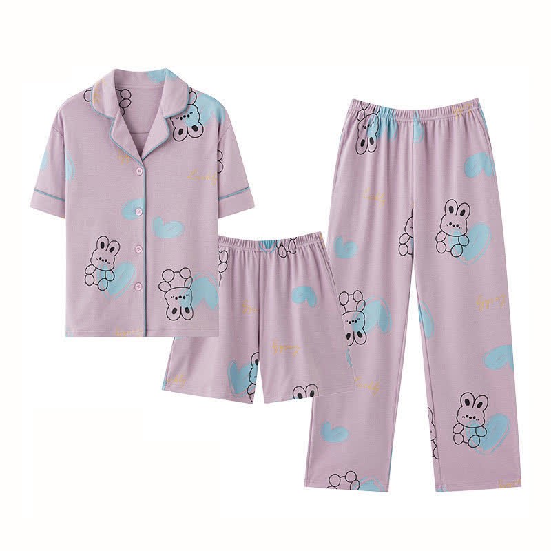 Kawaii Cartoon Bunny Bear Print Pajamas Three Piece Set