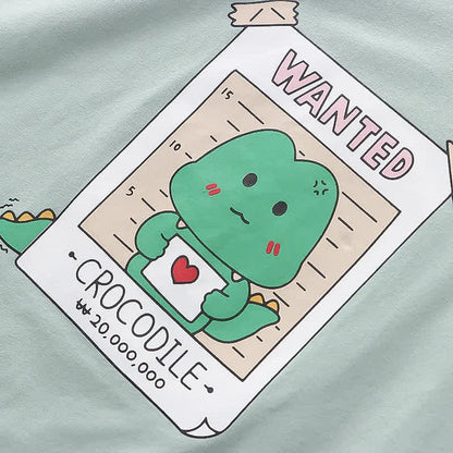 Cartoon Wanted Crocodile Letter Print Loose T-Shirt
