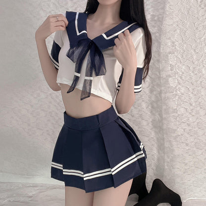 Uniform School Sailor Collar Bowknot Striped Lingerie Skirt Set