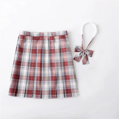 JK Plaid Uniform High Waist Pleated Skirt With Bow Tie