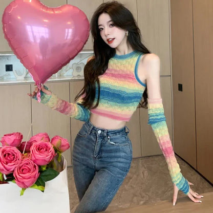 Chic Rainbow Striped Colorblock Crop Top With Sleeves