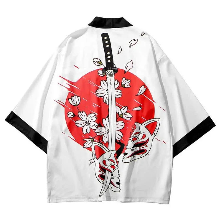 Vintage Fox Mask Sakura Sword Print Cardigan Kimono Outerwear