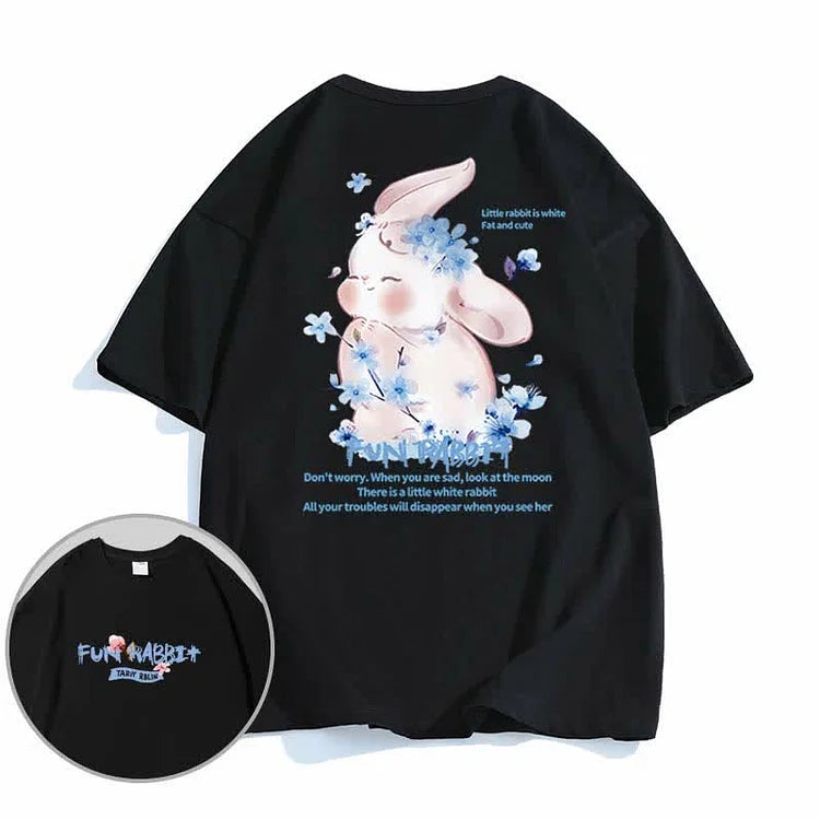 Cartoon Sakura Bunny Letter Print Cotton T-Shirt