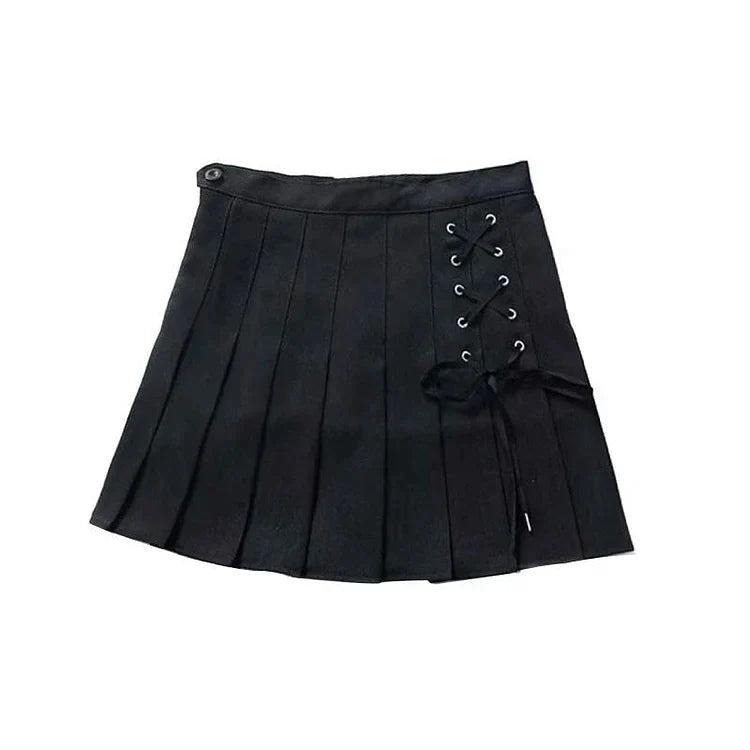 Chic Lace Up High Waist Pleated Short Skirt