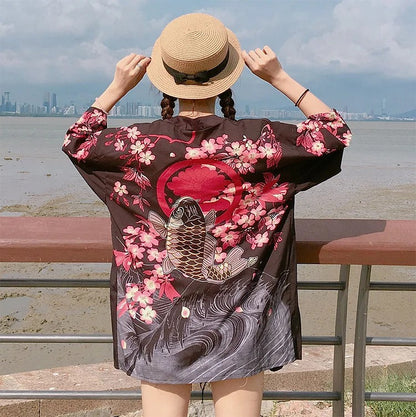 Vintage Koi Fish Print Kimono Outerwear Sun Protective