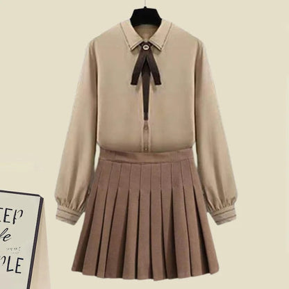 Uniform Coat Bowknot Shirt Pleated Skirt Three Piece Set