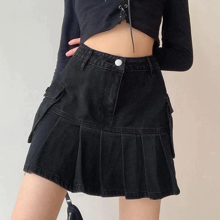 Chic Denim High Waist Pleated Mini Skirt