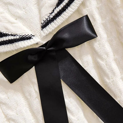 Sailor Collar Bowknot Sweater Lattice Pleated Skirt Set