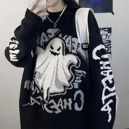 Retro Ghost Letter Print Knit Casual Sweater