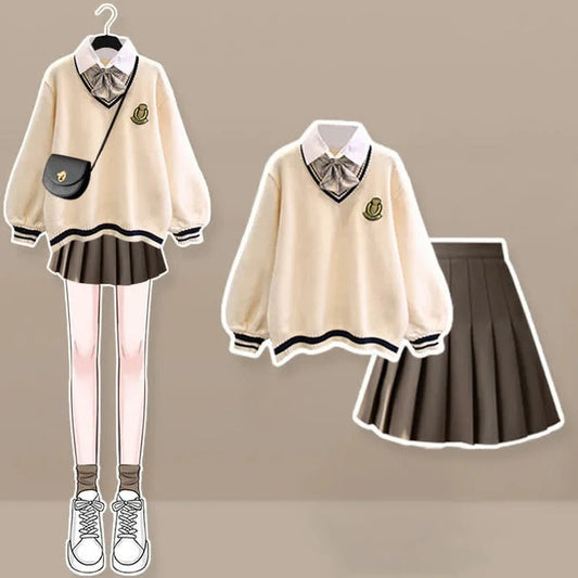 Fake Two Uniform Bow Sweater Pleated Skirt Plush Pants Two Piece Set