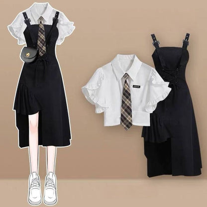 Pocket Lapel Tie Shirt Skirt Dress Two Piece Set