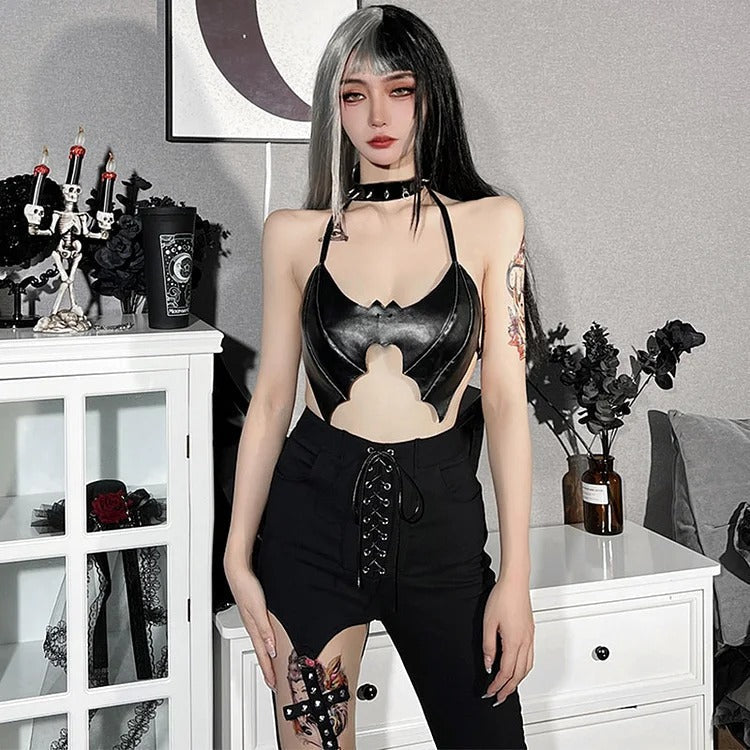 Sexy Gothic Bat Pattern Backless Lace Up Top