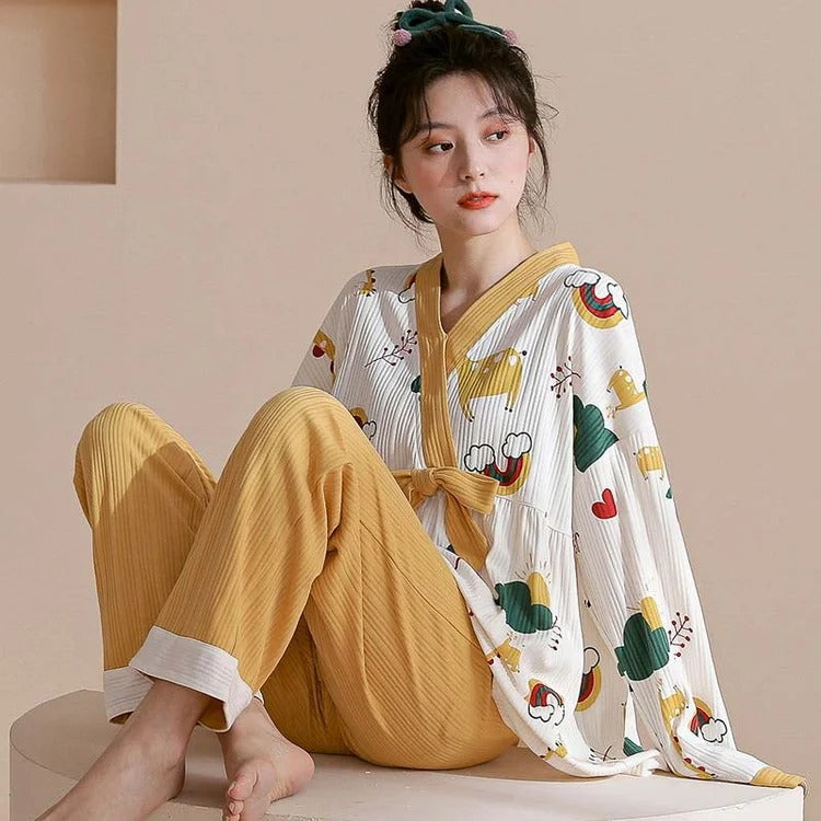 Kawaii Bow Cartoon Print Loose Kimono Pajamas Set