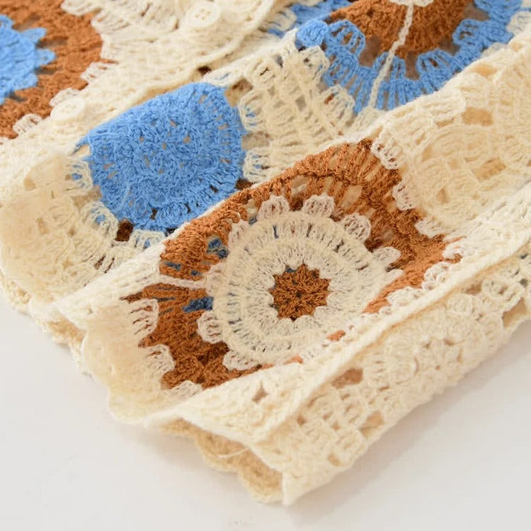 Chic Crochet Hollow Shirt Fringed Split Denim Pants Two Piece Set