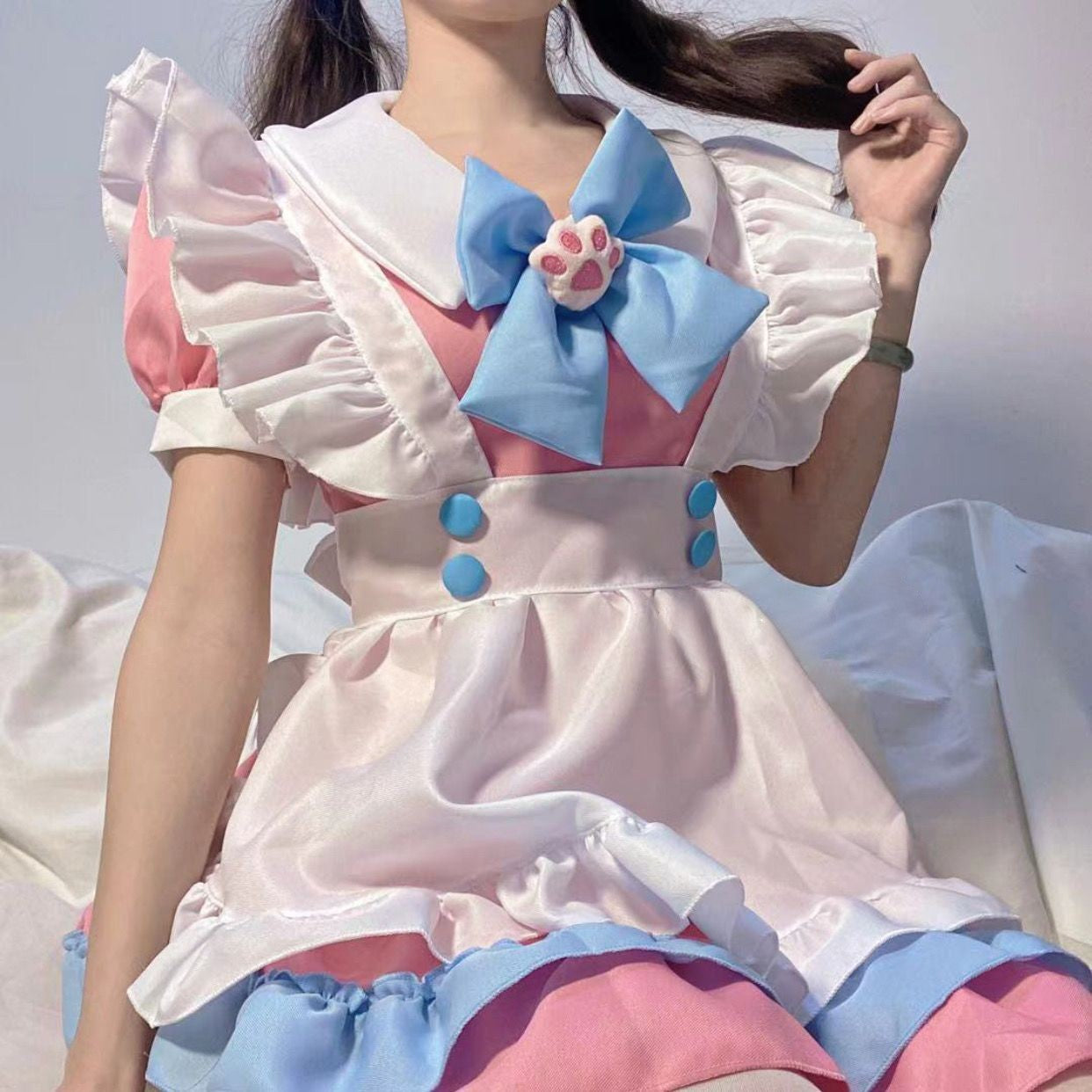 Kawaii Lolita Paw Bow Ruffle Maid Dress