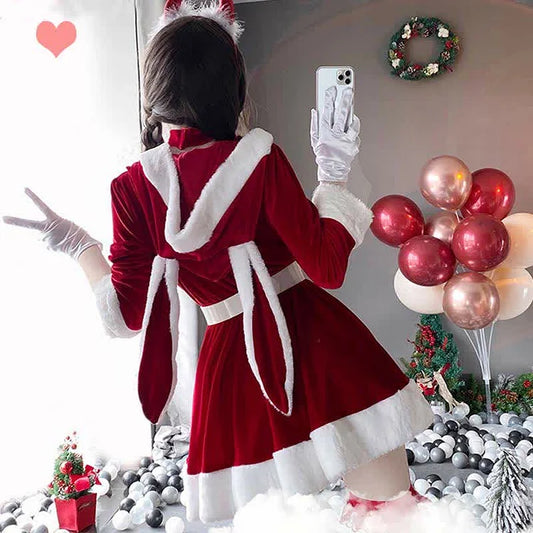 Bunny Ears Bowknot Hooded Sexy Cute Costume Dress With Belt