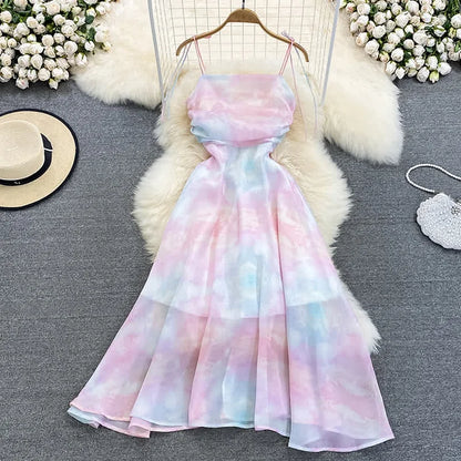 Chic Rainbow Print A-line Chiffon Lace Up Slip Dress