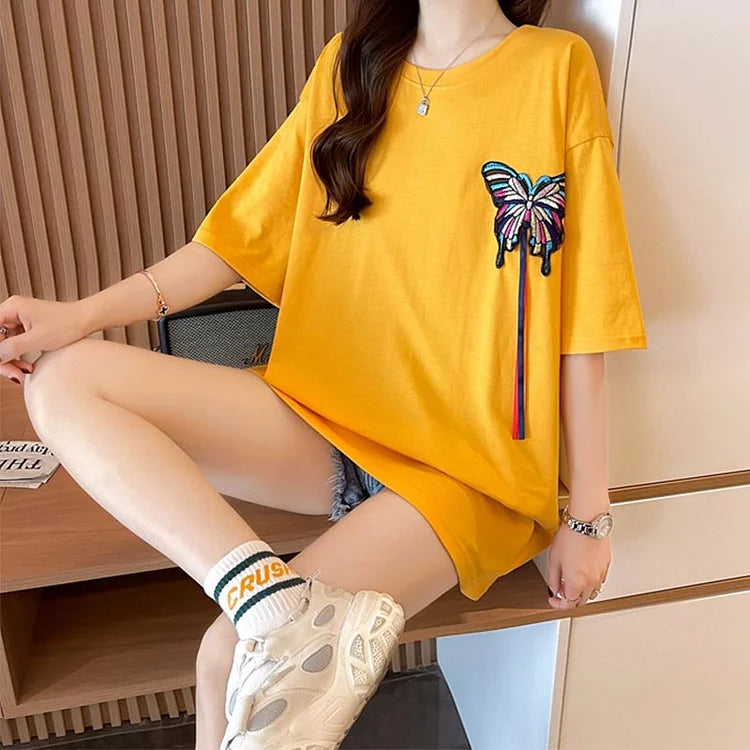 Vintage Butterfly Embroidery Round Neck Casual T-Shirt
