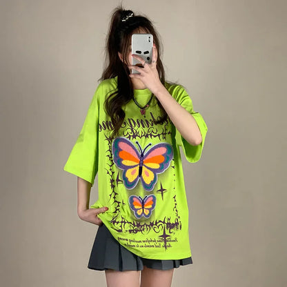 Butterfly Letter Embroidery Round Neck Loose T-Shirt