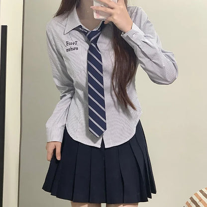 Letter Embroidery Striped Tie Polo T-Shirt Pleated Skirt JK Uniform