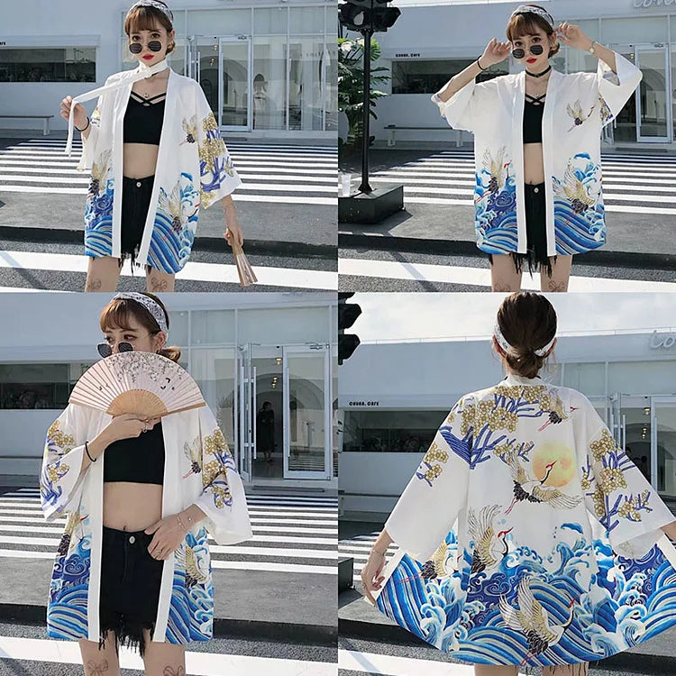 Vintage Crane Print Kimono Fashion Outerwear Sun Protective