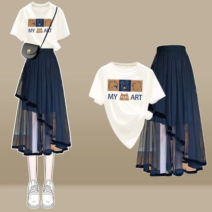 Chic Cartoon Print T-Shirt Irregular Tulle Skirt Two Piece Set