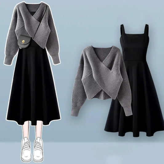 Chic Cross Knit V-Neck Sweater Slip Dress Two Piece Set