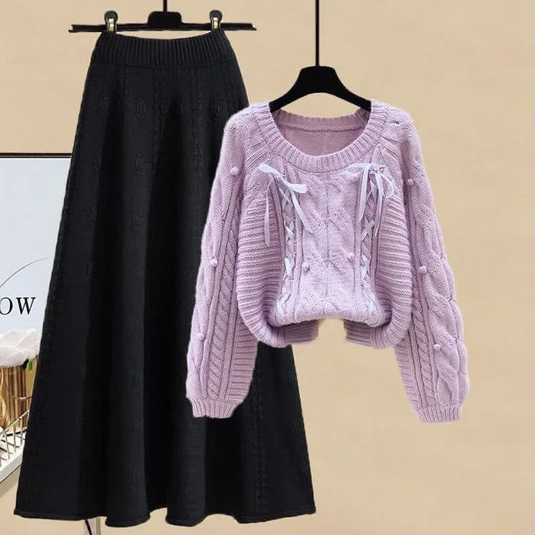 Bow Pills Cable Knit Sweater Skirt Two Piece Set