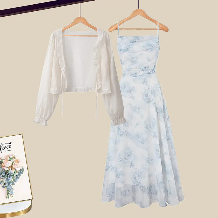 Lace Up Chiffon Cardigan Vintage Floral Print Slip Dress Two Piece Set