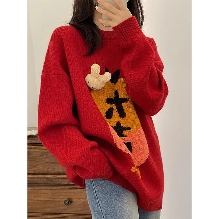 Lucky Bunny Orange Letter Embroidery Knit Sweater