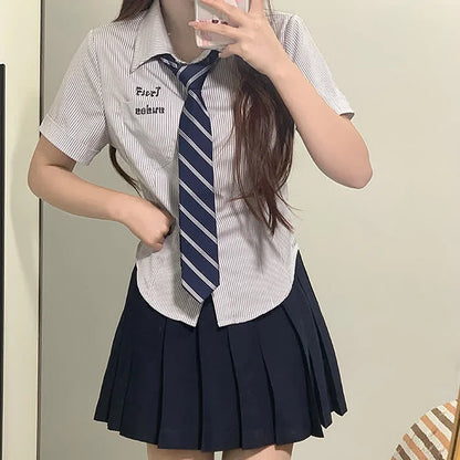 Letter Embroidery Striped Tie Polo T-Shirt Pleated Skirt JK Uniform