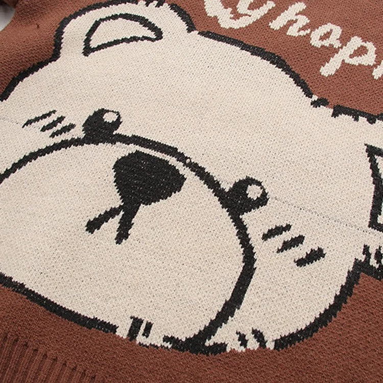 Cartoon Bear Print Letter Sweater With Crossbody Bag