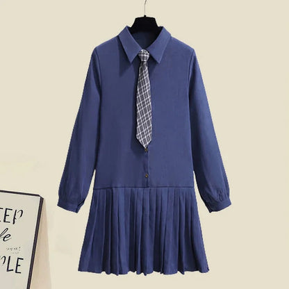Preppy Knit Vest Lapel Tie Pleated Shirt Dress Two Piece Set