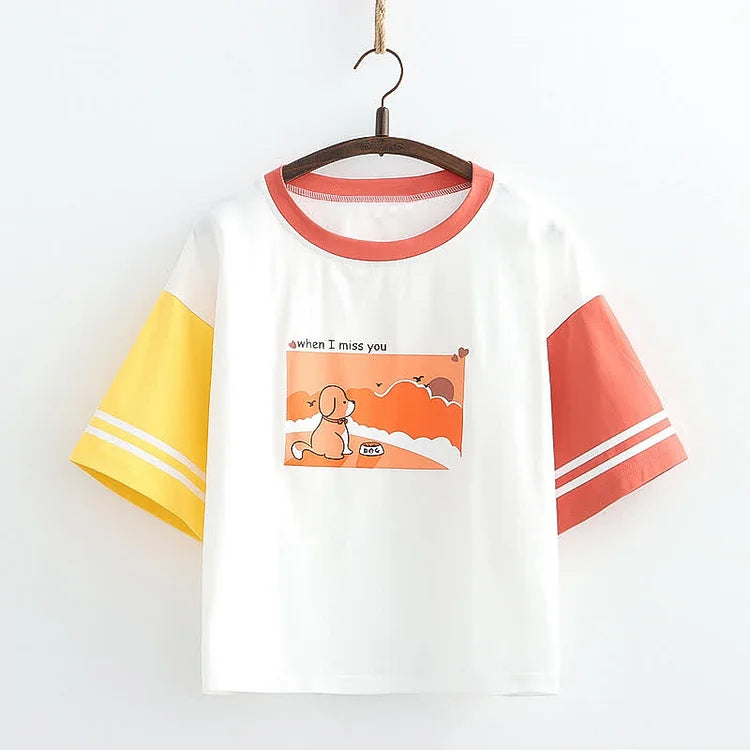 Cartoon Puppy Letter Print Colorblock Sleeve T-Shirt