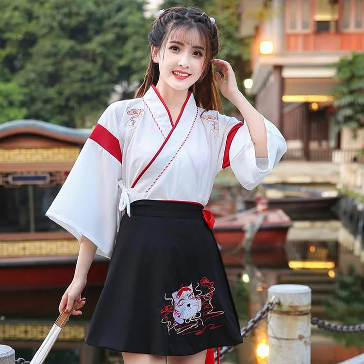 Vintage Fox Embroidery Shirt Lace Up Skirt Set