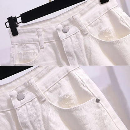 Pure Color Casual Lapel Shirt Cami Top Ripped Denim Shorts