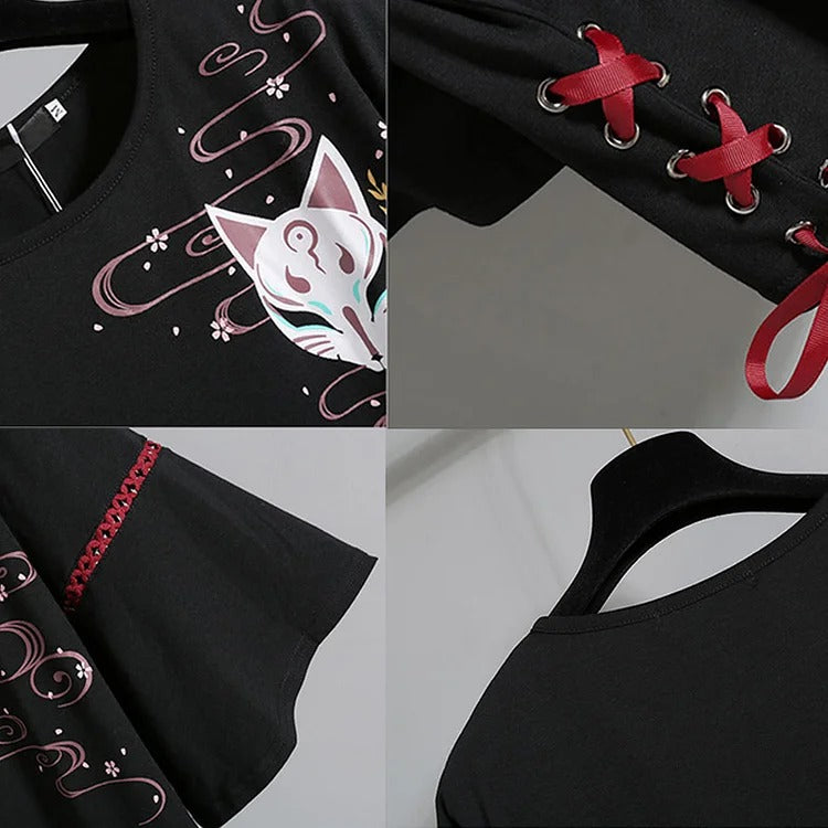 Vintage Sakura Fox Print T-Shirt Skirt Two Piece Set