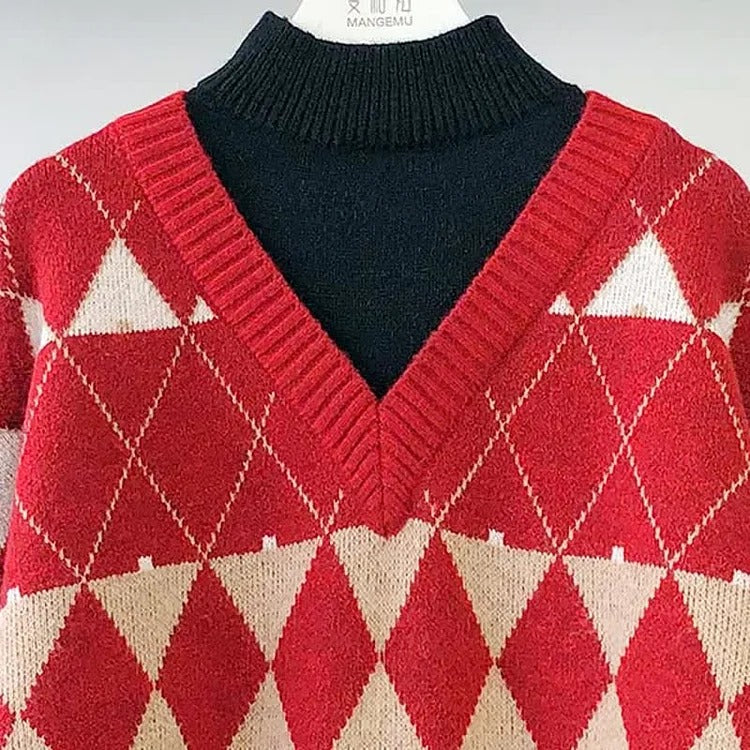 Vintage Rhombus Plaid Sweater Slip Dress Two Piece Set