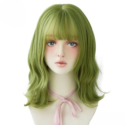 Cosplay Olive Green Deep Wave Wig With Bangs