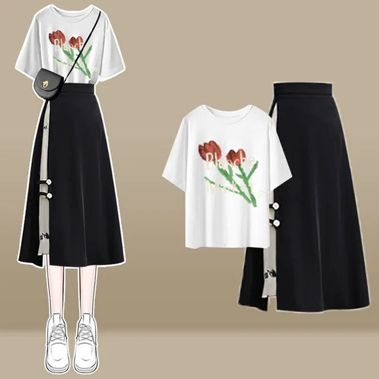 Polo Blossom Print T-Shirt Split Skirt Two Piece Set