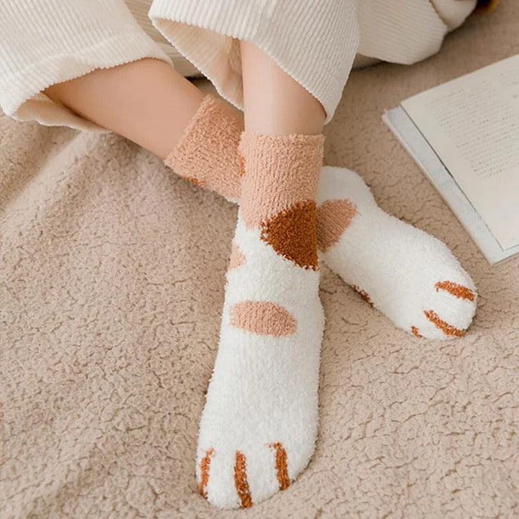 Cat Paw Striped Plush Ankle Socks