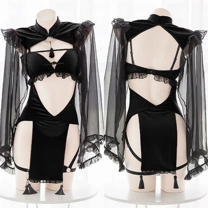 Sexy Hollow Out Tassel Silk Sleeve Cheongsam Lingerie Dress Set